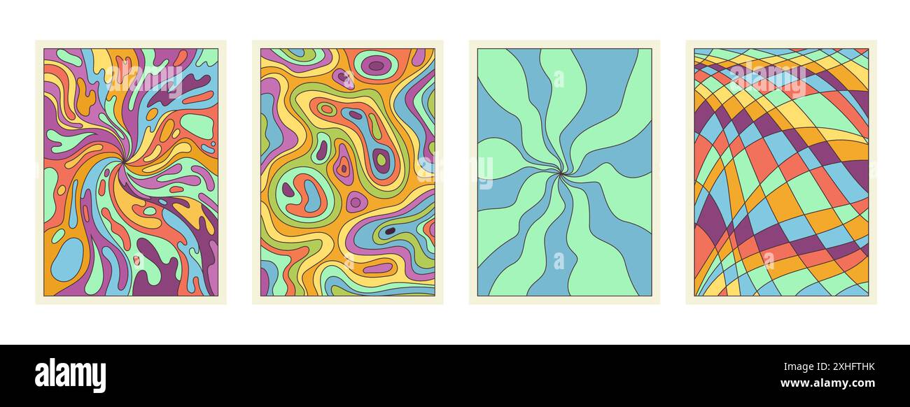 Set di motivi psichedelici cartoni animati. Raggi radiali surreali e stravaganti motivi a scacchi colorati, pazzi lobi ondulati e vortici in una collezione di sfondi boho di illustrazioni vettoriali in stile anni '70 e '80 Illustrazione Vettoriale