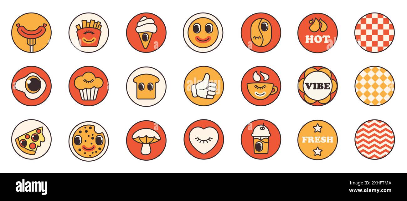 Set di adesivi per il cibo dei cartoni animati, emoji per il menu del bar e del ristorante. Divertenti elementi di cibo retrò con volti trippy all'interno di forme rotonde, originali patch collezione di illustrazioni vettoriali in stile anni '70 80 Illustrazione Vettoriale