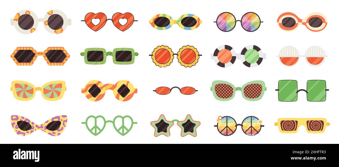 Set di occhiali da sole con cartoni animati. Divertenti occhiali retrò con cornici di fiori e cuore, arcobaleno e stella psichedelici, forme rotonde e quadrate. Collezione di outfit boho di illustrazioni vettoriali in stile anni '70 e '80 Illustrazione Vettoriale