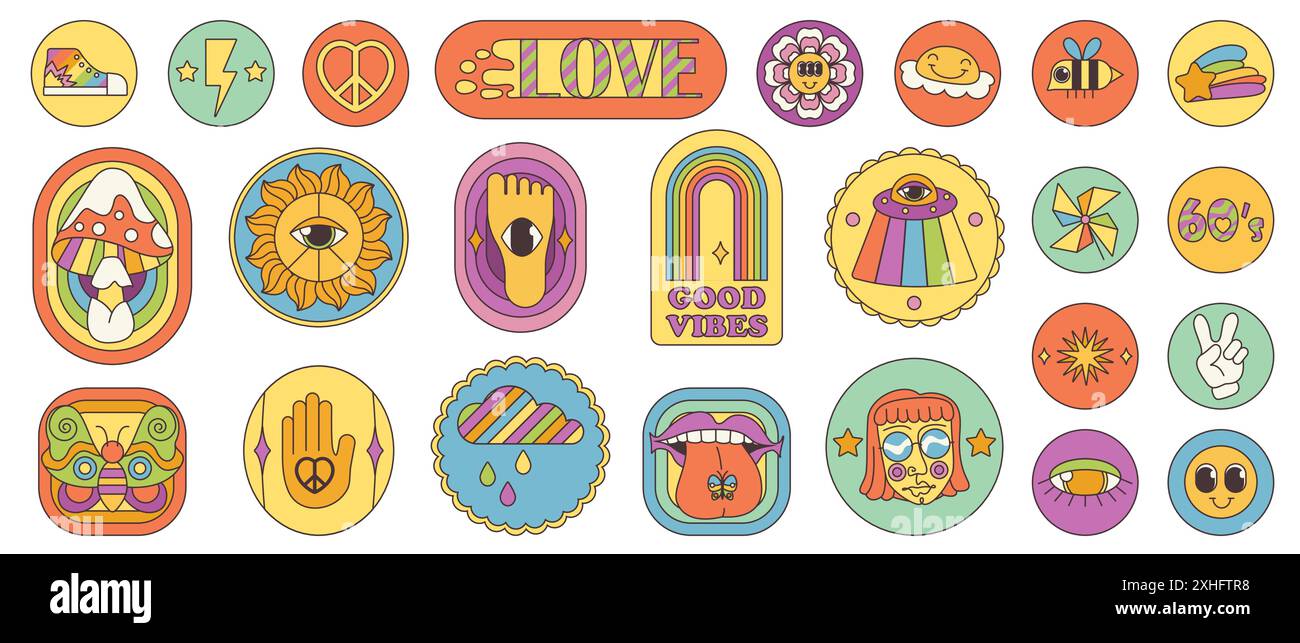 Set di adesivi psichedelici cartoni animati Groovy. Simpatici segni hippie retrò e buon testo vibe, elementi funky trippy ed emoji pazzi all'interno di patch di forme geometriche nell'illustrazione vettoriale in stile anni '60 e '70 Illustrazione Vettoriale