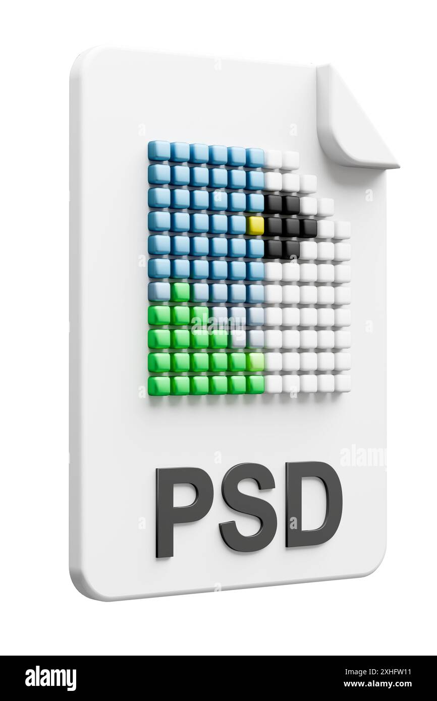 Icona del tipo di file tridimensionale per il tipo di file dell'immagine raster PSD isolato su sfondo bianco. Foto Stock