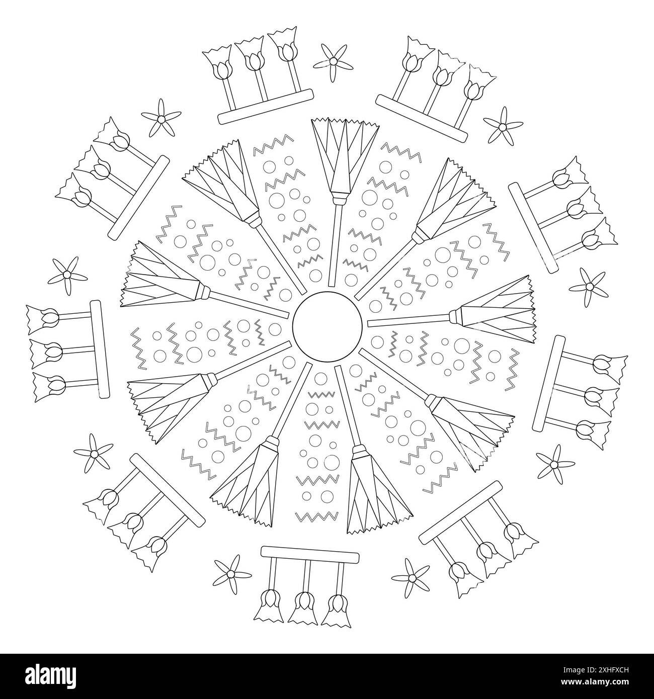 Mandala bianco e nero su sfondo trasparente in stile egiziano. Design rotondo in stile egiziano con fiori e zigzag. Immagine vettoriale su a. Foto Stock