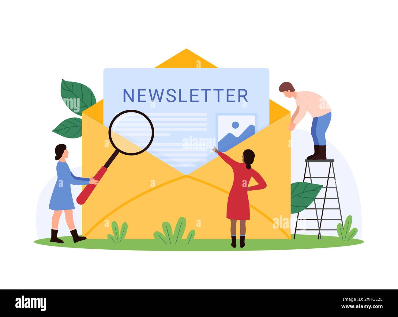 Iscrizione alla newsletter, analisi e-mail e revisione dei servizi di notizie. Piccole persone ricercano lettere da busta di carta con lente d'ingrandimento, leggono informazioni online illustrazioni vettoriali di cartoni animati Illustrazione Vettoriale