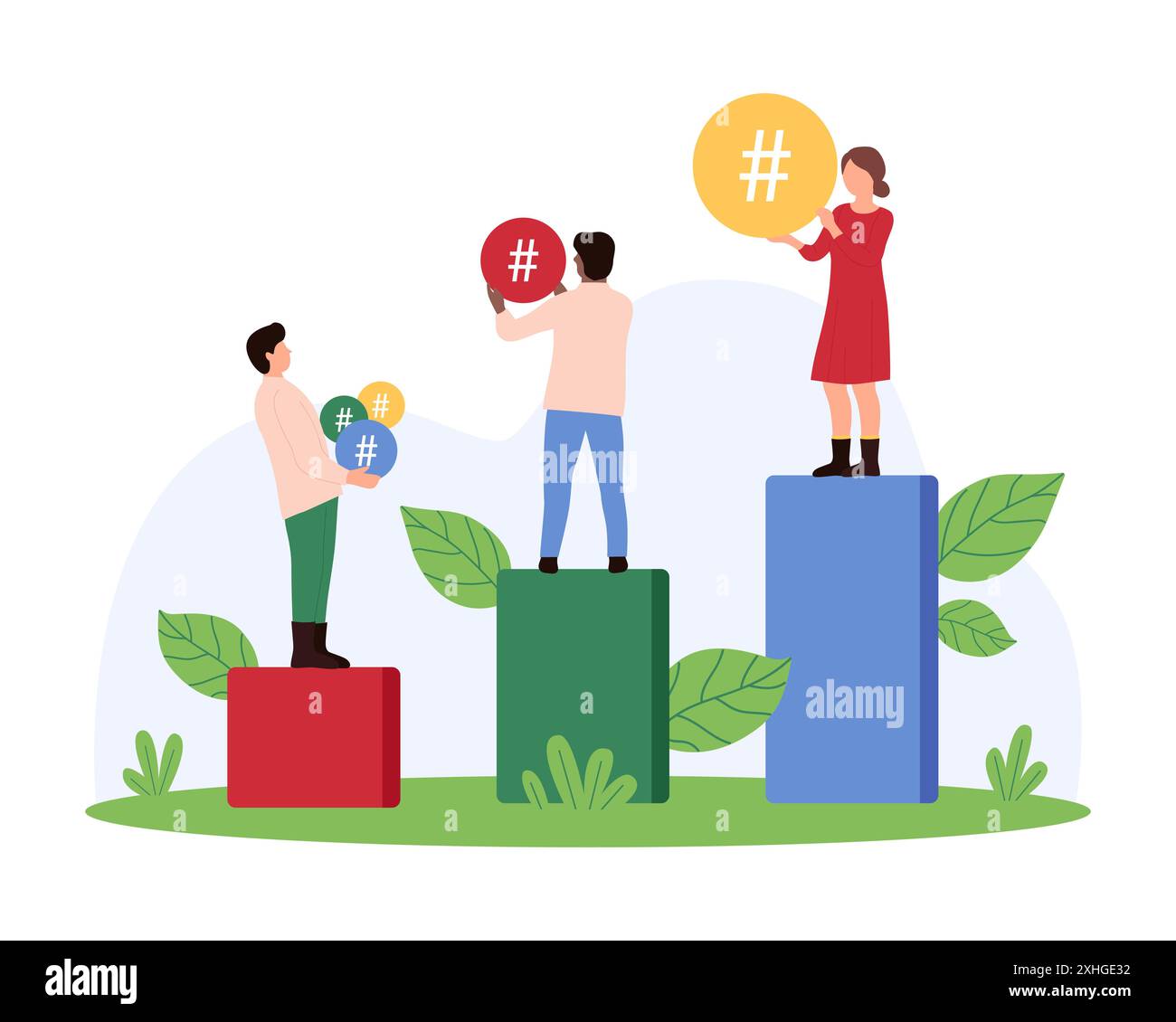 hashtag in chat sui social media e post sul blog, marketing virale. Le persone più piccole seguono le tendenze e condividono idee interessanti, tenendo in mano i cartelli hash tag sull'illustrazione vettoriale del cartone animato sulla crescita della carta Illustrazione Vettoriale