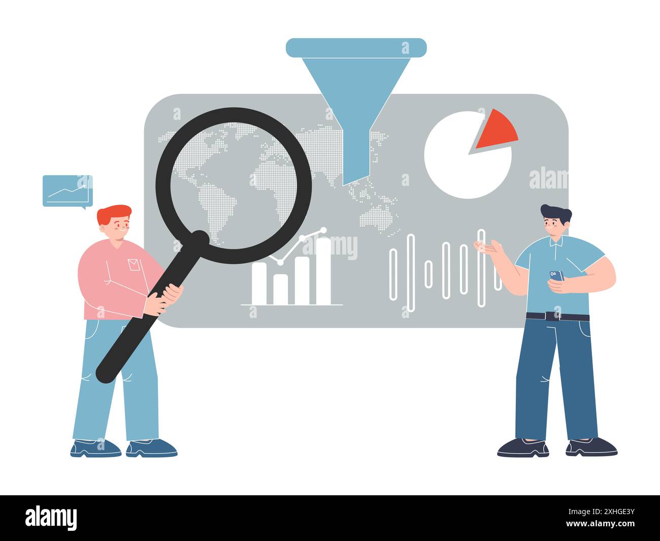 Il team di ottimizzazione dell'imbuto di vendita monitora il tasso di conversione dei lead dal report per catturare il pubblico in entrata marketing Illustrazione Vettoriale