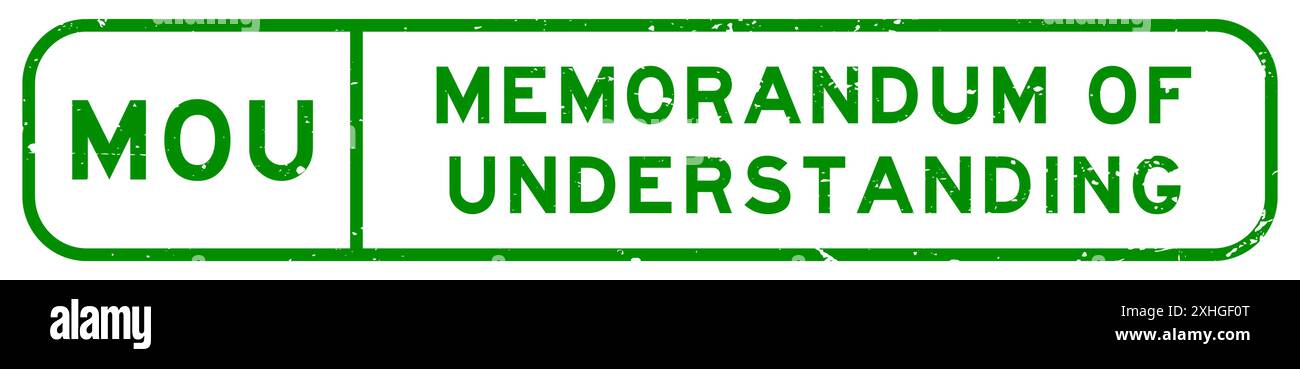 Parola per memorandum of understanding MOU verde grunge timbro quadrato in gomma su sfondo bianco Illustrazione Vettoriale