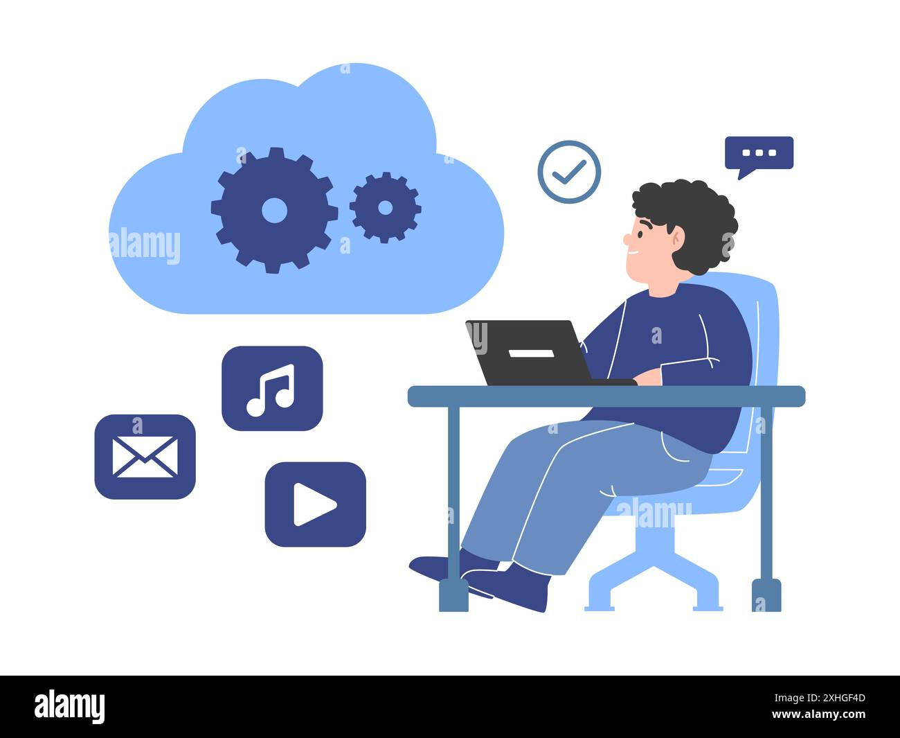 L'amministratore di sistema del motore basato su cloud si connette al sistema di condivisione dei file online utilizzando un computer portatile Illustrazione Vettoriale