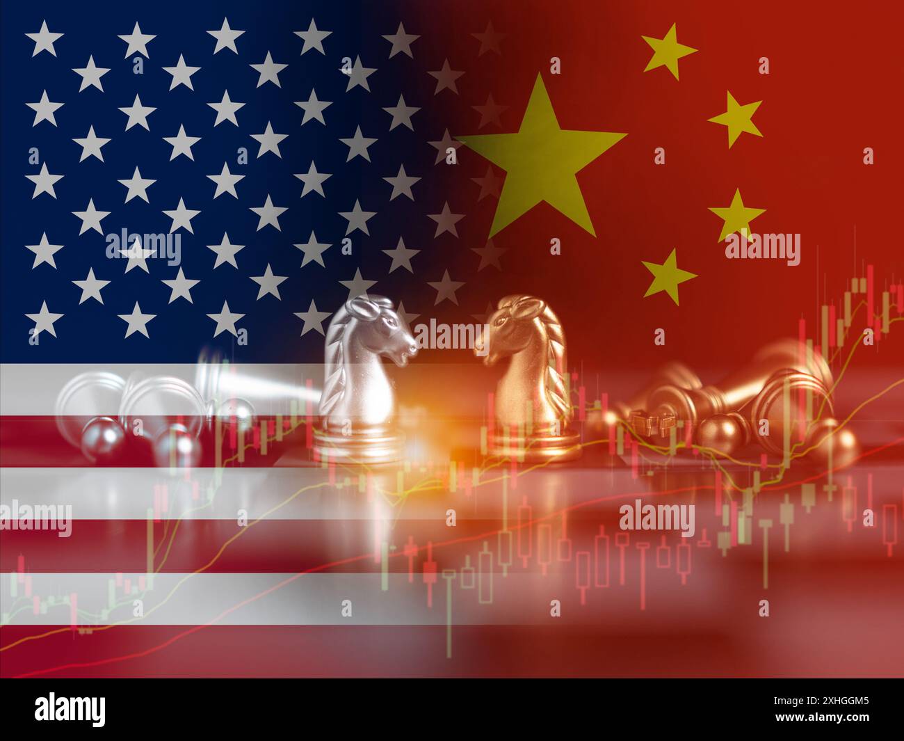 USA America e Cina bandiere sugli scacchi su una scacchiera, guerra commerciale USA e Cina, relazioni commerciali USA e Cina, simbolo della guerra commerciale tariffaria scommetto sulla barriera fiscale Foto Stock