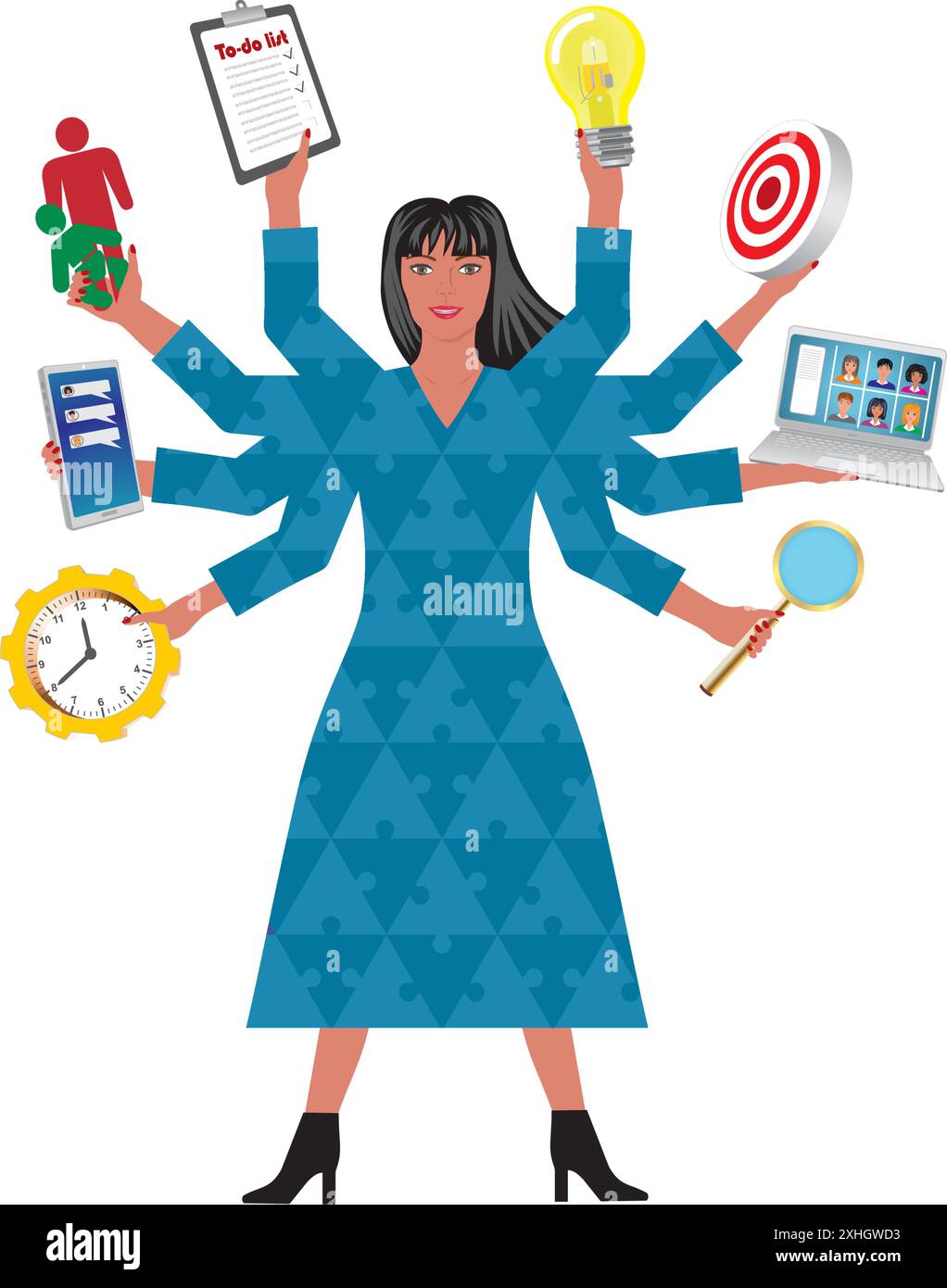 Donna, Shiva, che cerca di fare tutto. Vestito con pezzi di puzzle. Illustrazione vettoriale. Illustrazione Vettoriale