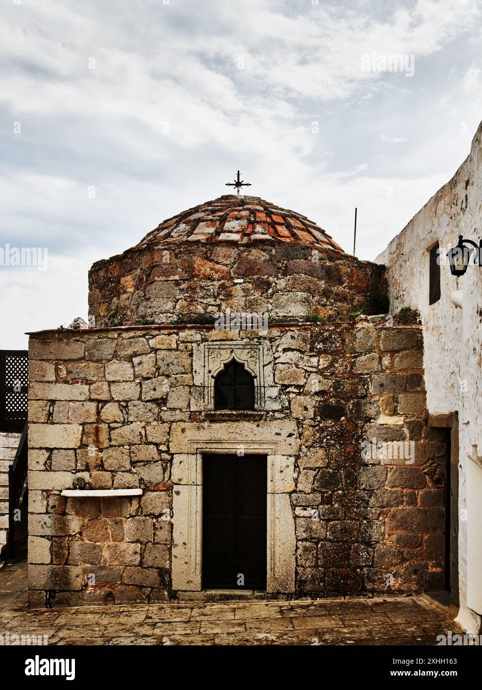 Dettaglio architettonico del Monastero di San Giovanni Hora, isola di Patmos, Grecia, Europa Foto Stock