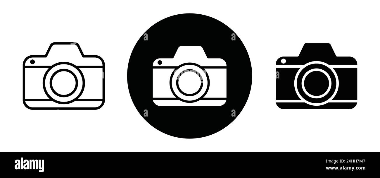 Icona della fotocamera grafica con linee nere in bianco e nero e segno di raccolta del set di contorni Illustrazione Vettoriale