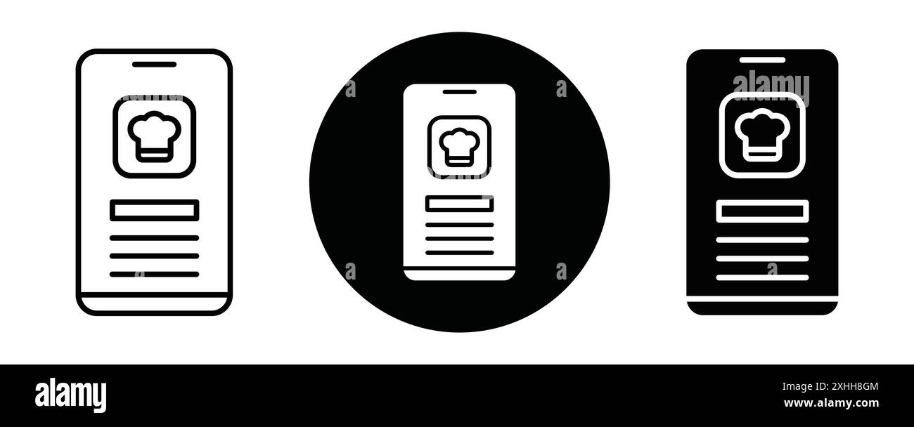 Icona dell'app di cottura vettore grafico linea nera in bianco e nero segno di raccolta set contorno Illustrazione Vettoriale