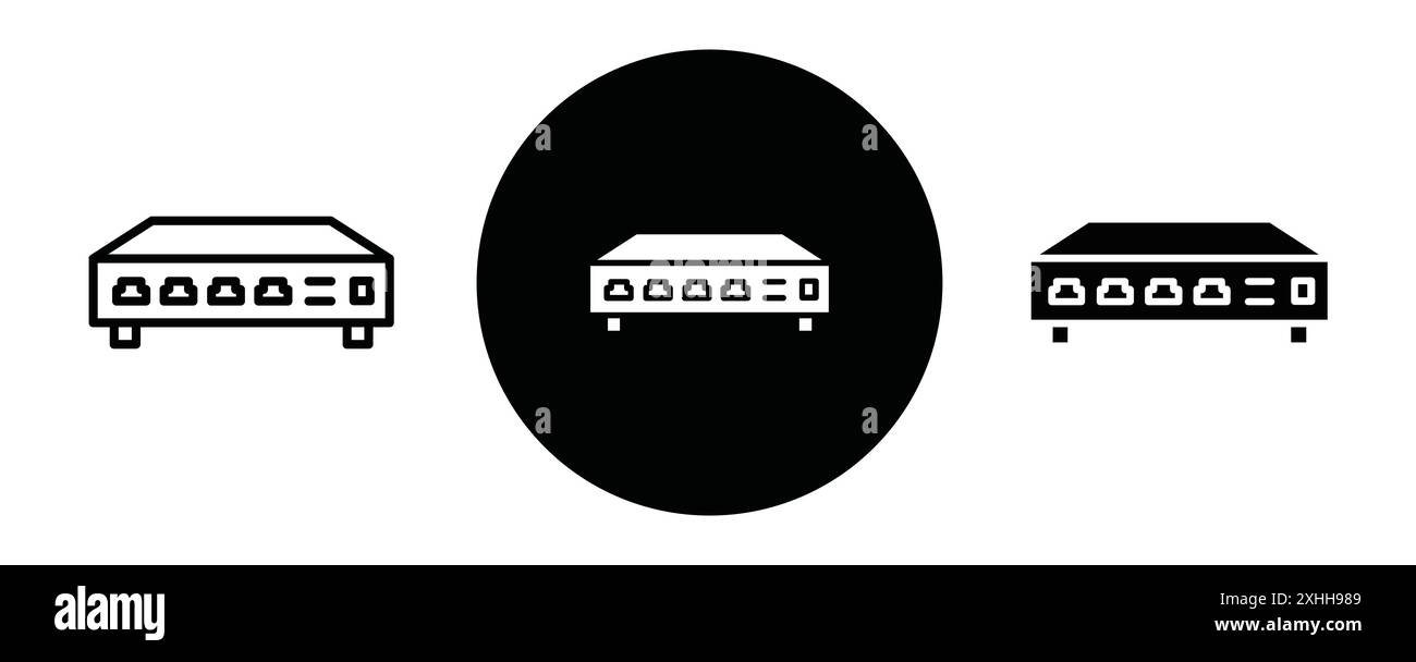 Icona dello switch di rete vettore grafico a linee nere in bianco e nero segno di raccolta del set di contorni Illustrazione Vettoriale