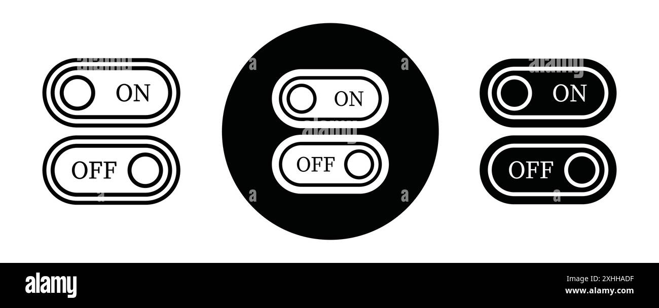 On/off pulsante di attivazione/disattivazione cursore icona di commutazione grafica linea nera in bianco e nero contorno set segno di raccolta Illustrazione Vettoriale