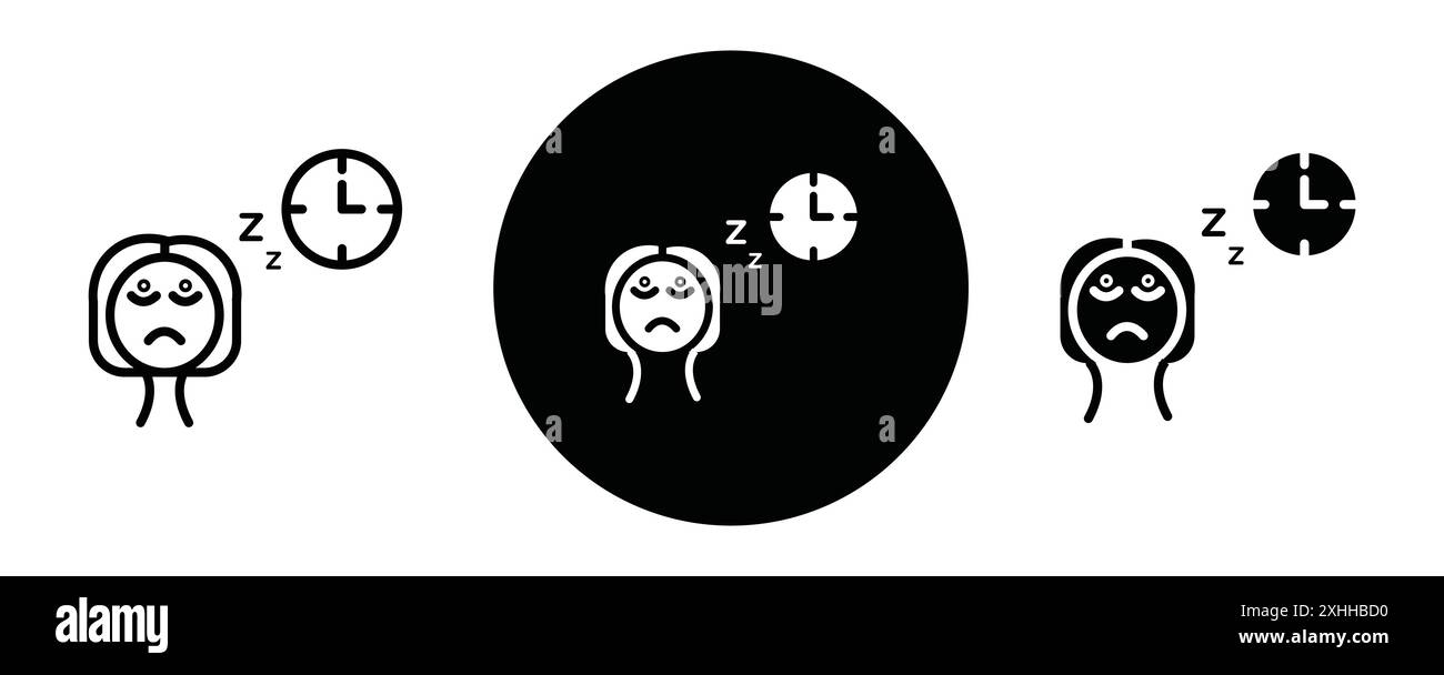 Icona della privazione del sonno. La linea nera è un vettore grafico in bianco e nero Illustrazione Vettoriale