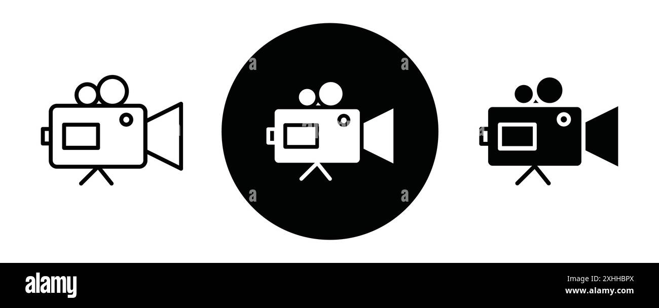 Icona della videocamera grafica con linee nere in bianco e nero e segno di raccolta del set di contorni Illustrazione Vettoriale