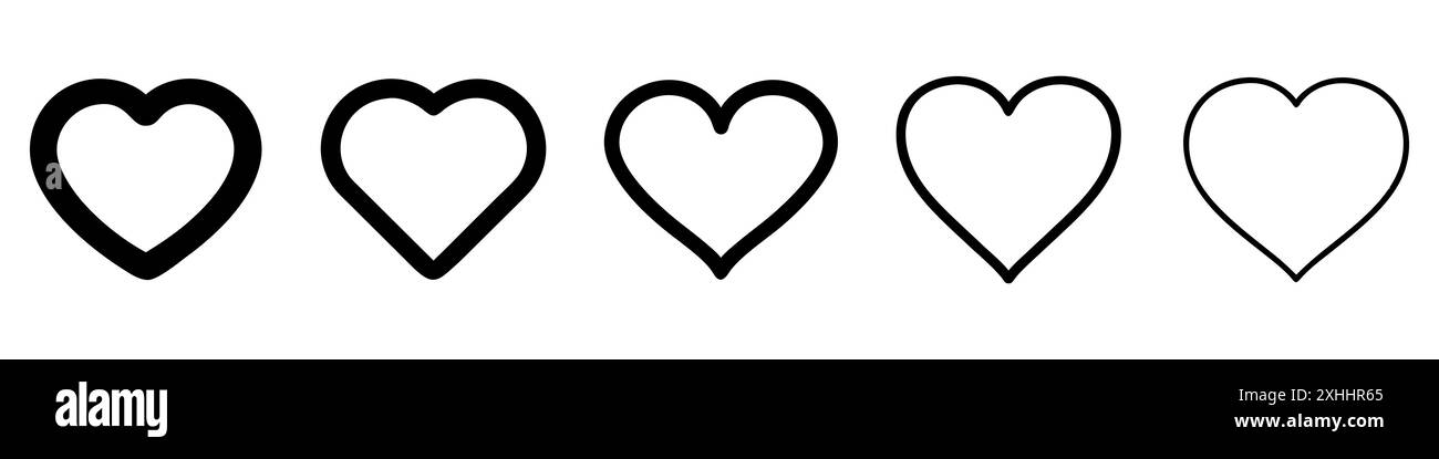 Set di icone lineari del cuore. Silhouette nera di un cuore, simbolo dell'amore Illustrazione Vettoriale