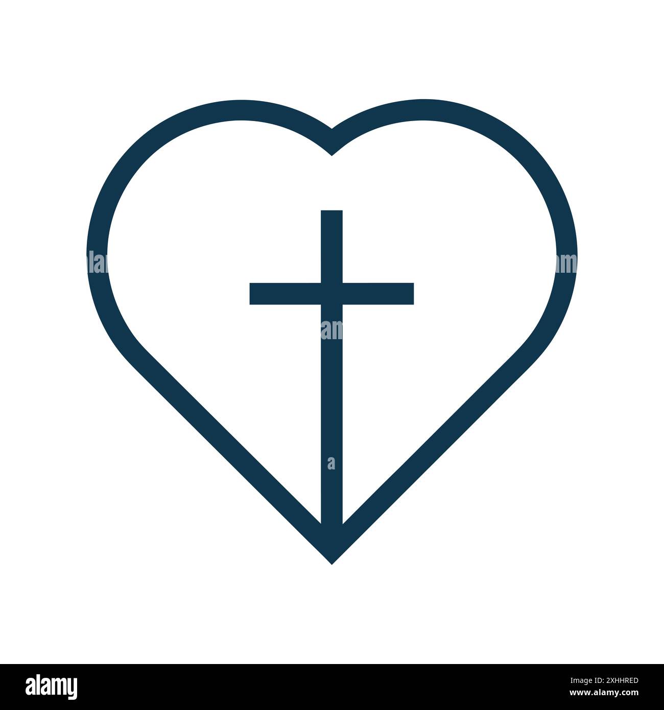 Icona lineare cuore. Silhouette nera di cuore contenente una croce cristiana Illustrazione Vettoriale