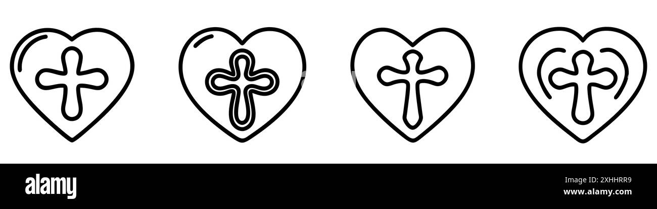 Set icone cuore. Silhouette nera di cuore contenente una croce cristiana bianca, Illustrazione Vettoriale