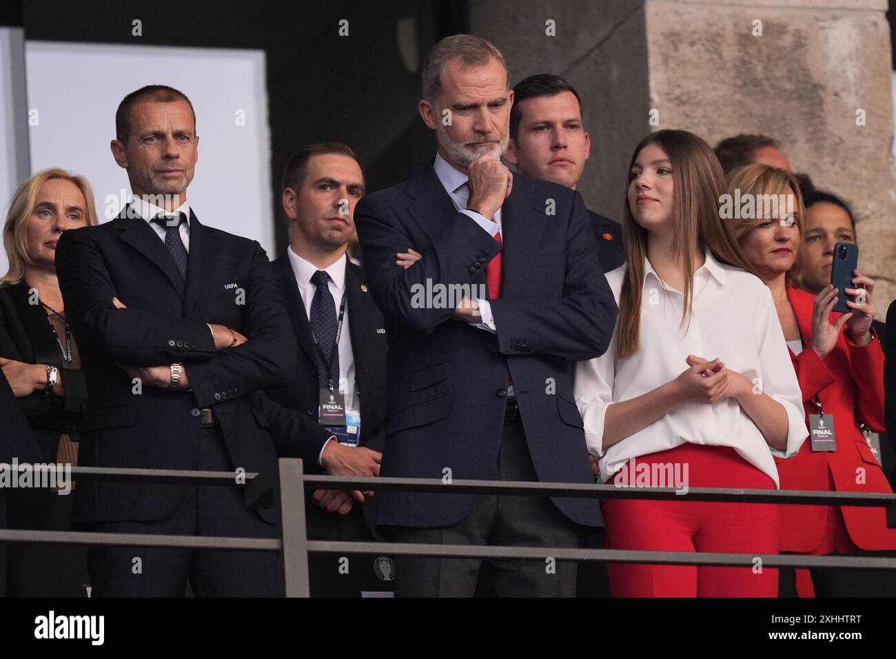 Berlino, Germania. 14 luglio 2024. Il principe Willian e il re Felipe vi di Spagna e Ceferin nel mezzo durante una partita finale tra Spagna e Inghilterra al torneo di calcio Euro 2024 di Berlino all'Olympiastadium, Germania, domenica 14 luglio 2024.Sport - calcio . (Foto di Fabio Ferrari/LaPresse) credito: LaPresse/Alamy Live News Foto Stock