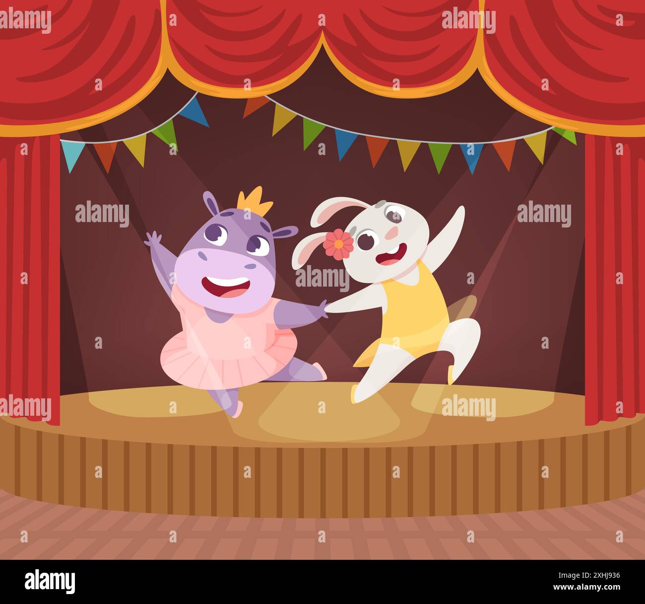 ballerini di animali. ballerine di coniglio cartoni animati e ballerine di ippopotamo in scena Illustrazione Vettoriale