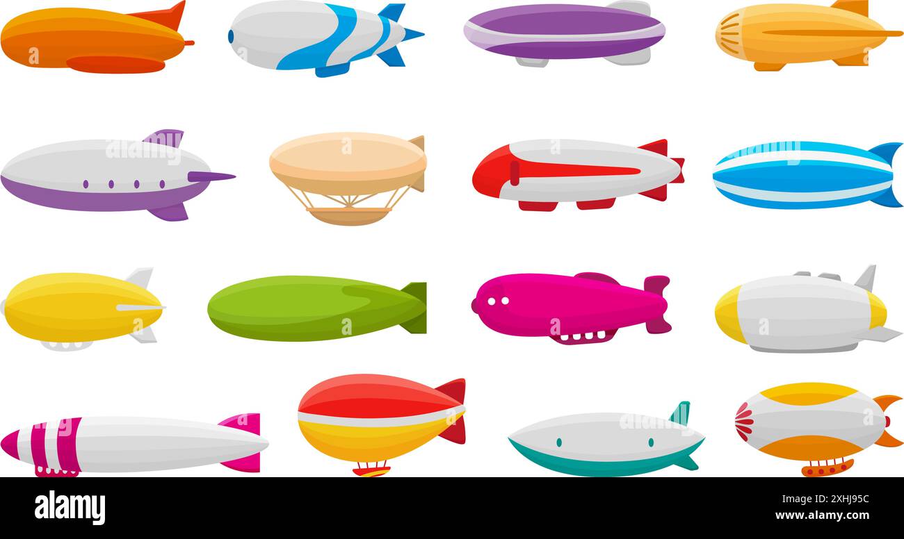 Cartone animato dirigibile. Set di icone per velivoli d'epoca e dirigibili. Colorato viaggio in volo e trasporto avventure in vecchio stile. Dirigibili vettore neoterico Illustrazione Vettoriale