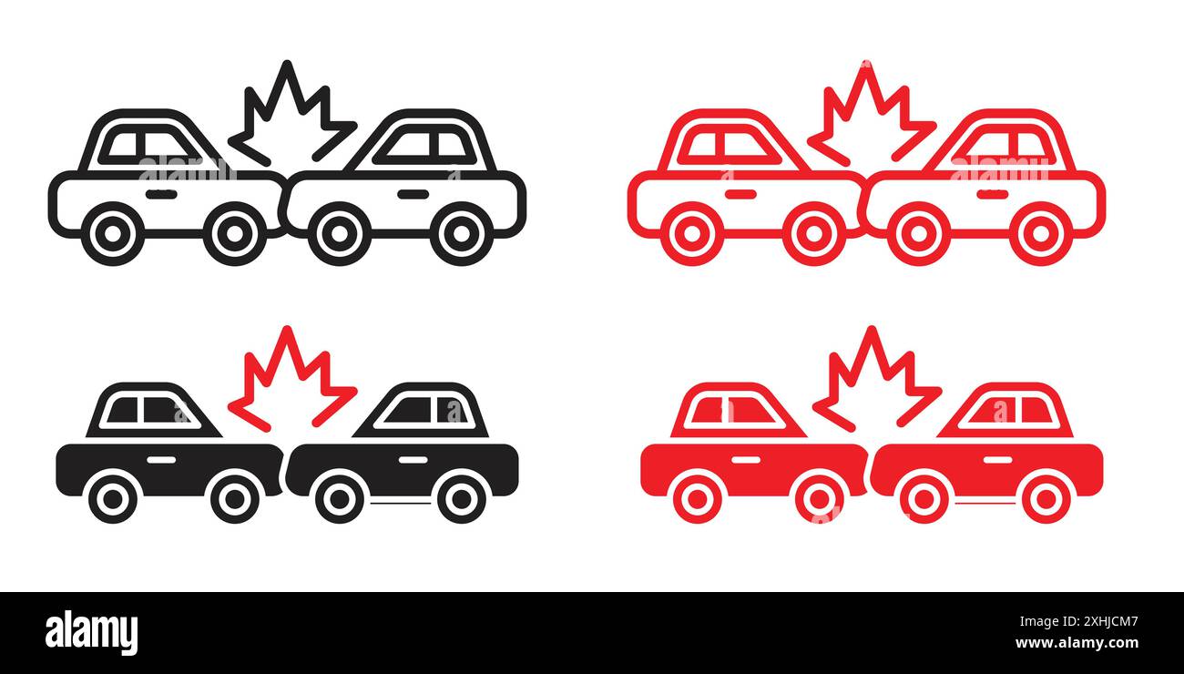 Icona di incidente d'auto Vector grafico linea nera in bianco e nero segno di raccolta set di contorni Illustrazione Vettoriale