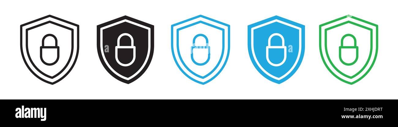 Icona di sicurezza grafica con linea nera in bianco e nero, insegna di raccolta del set di contorni Illustrazione Vettoriale