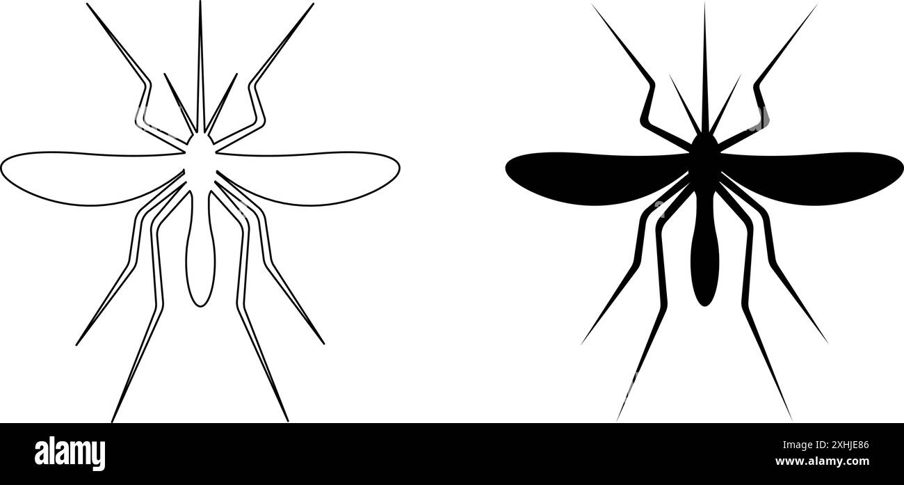 Icone di zanzara isolate su sfondo bianco. Sagome Gnat. Insetti volanti velenosi. Concetto di malaria, dengue o virus zika. Illustrazione grafica vettoriale. Illustrazione Vettoriale