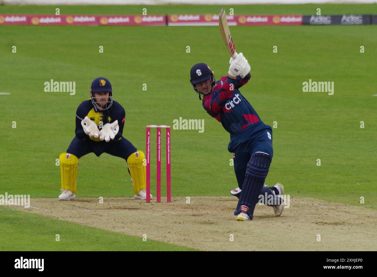 Chester le Street, 14 luglio 2024. Matthew Breetzke batte per gli Steelbacks del Northamptonshire contro il Durham Cricket nel T20 Blast a Seat Unique, Chester le Street. Crediti: Colin Edwards/Alamy Live News Foto Stock