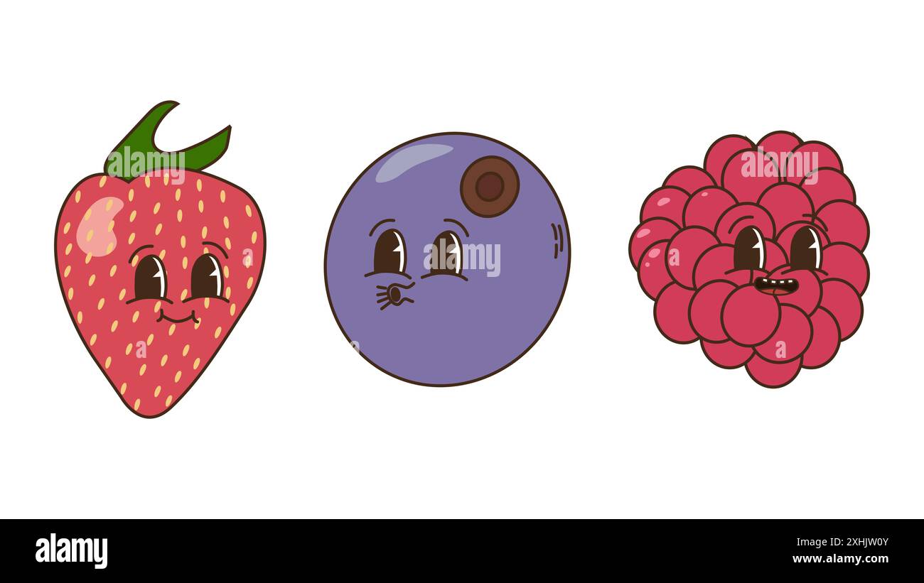 Frutta e frutti di bosco in stile goffrato. Fragole mirtilli lamponi. Personaggi alla moda retrò, mascotte comica. Poster banner di design. Y2K Hippie anni '70, '80 Illustrazione vettoriale. Illustrazione Vettoriale