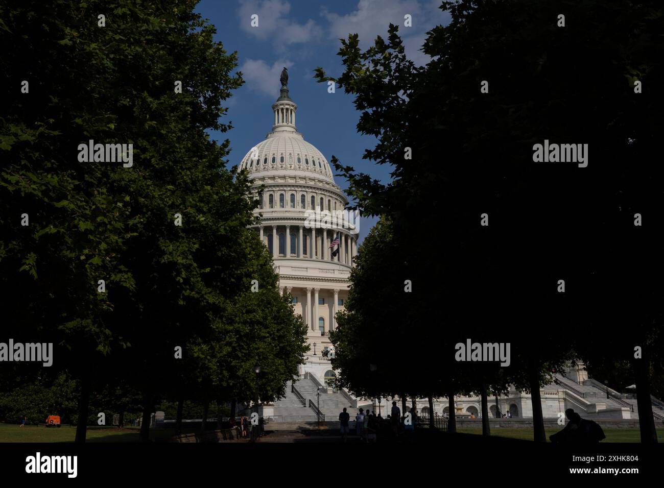 Una vista del Campidoglio degli Stati Uniti a Washington, DC, Stati Uniti, il 14 luglio 2024, il giorno dopo che l'ex presidente degli Stati Uniti Donald Trump è rimasto ferito durante una sparatoria a Butler, Pennsylvania. Il Campidoglio degli Stati Uniti è la sede del Congresso degli Stati Uniti, il ramo legislativo del governo federale. Si trova su Capitol Hill all'estremità orientale del National Mall a Washington D.C. (foto di Aashish Kiphayet/Alamy Live News) Foto Stock