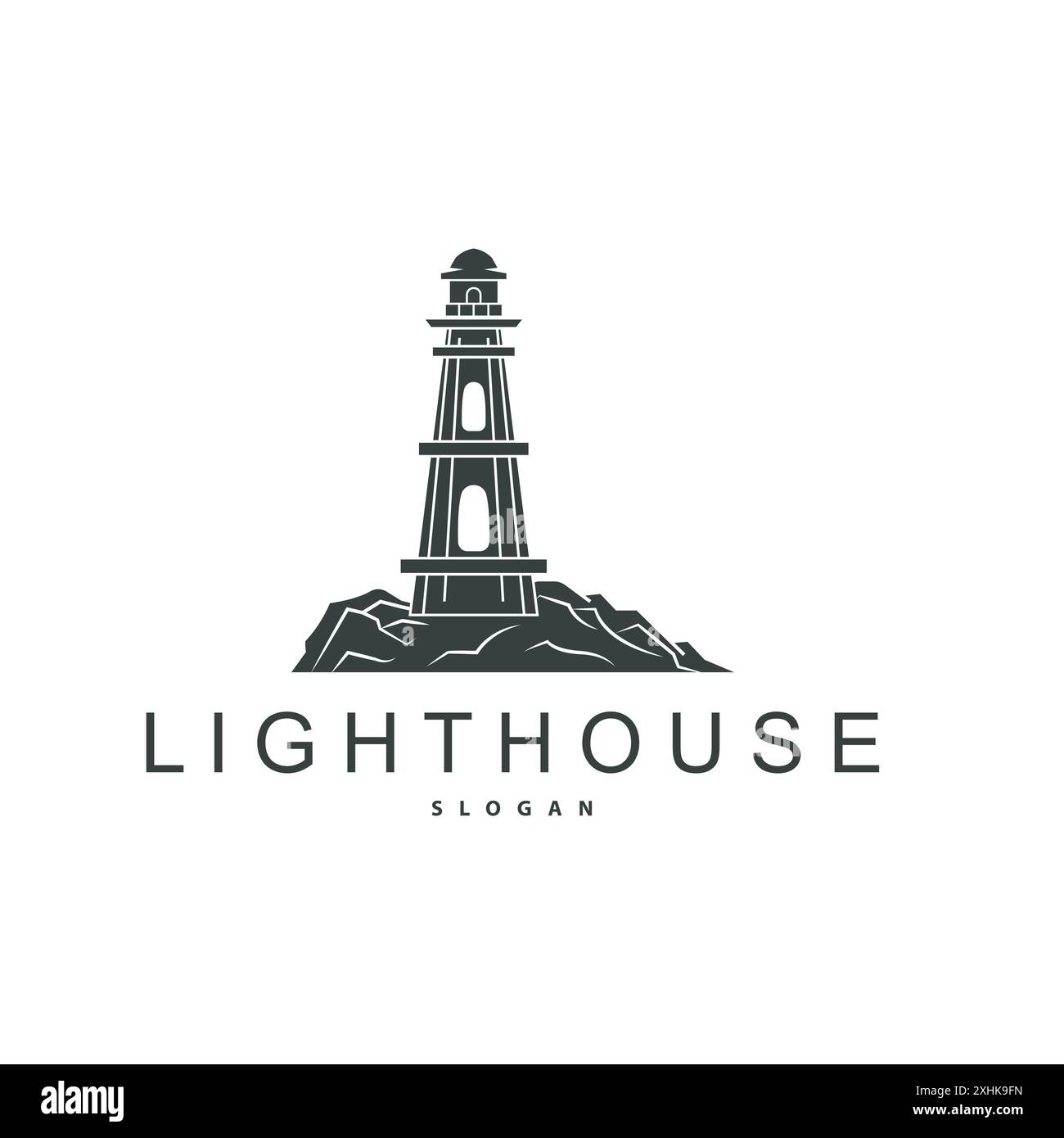 Logo faro, torre faro Beacon Vector Modern Simple Beach Searchlight, modello di illustrazione simbolo Illustrazione Vettoriale