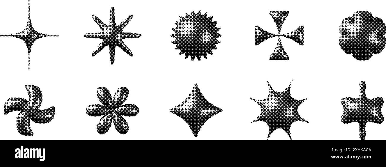 Set sagome Y2K 3d pixelato. Collezione di elementi di stelle bitmap, fiori, scintille. Set di adesivi retro a 8 bit per poster, banner, collage, grafica d Illustrazione Vettoriale