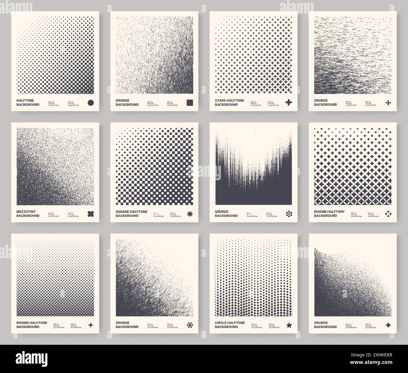 Schema mezzitoni. Gradiente quadrato. Gradazione di colore nero. Trama a grana ondulata. Elementi geometrici con ombreggiatura a punti. Effetto spray grafico monocromatico. Punti di dissolvenza. Design del telaio. Sfondo vettoriale impostato Illustrazione Vettoriale