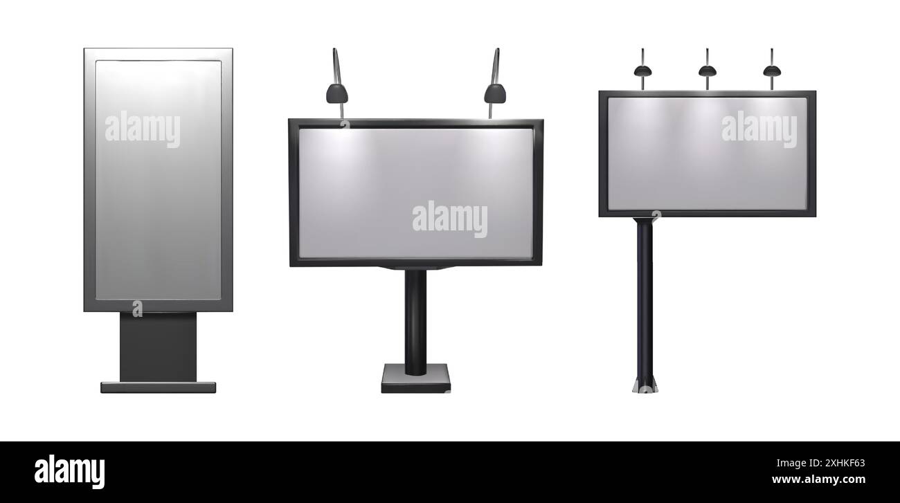 Cartelloni pubblicitari esterni isolati su sfondo bianco. Illustrazione vettoriale realistica di modelli di banner 3d con illuminazione a LED, lightbox con spazio vuoto per annunci aziendali Illustrazione Vettoriale
