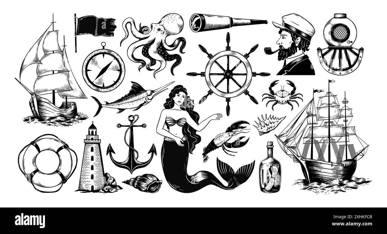 Nave da marinaio d'epoca. Elementi marini. Faro sull'oceano. Antica barca a vela con ancora. Tridente di Poseidone. Sirena sulle onde. Polpo e granchio. Bussola di navigazione. Bandiera nera. Set di logo Vector Marine Illustrazione Vettoriale