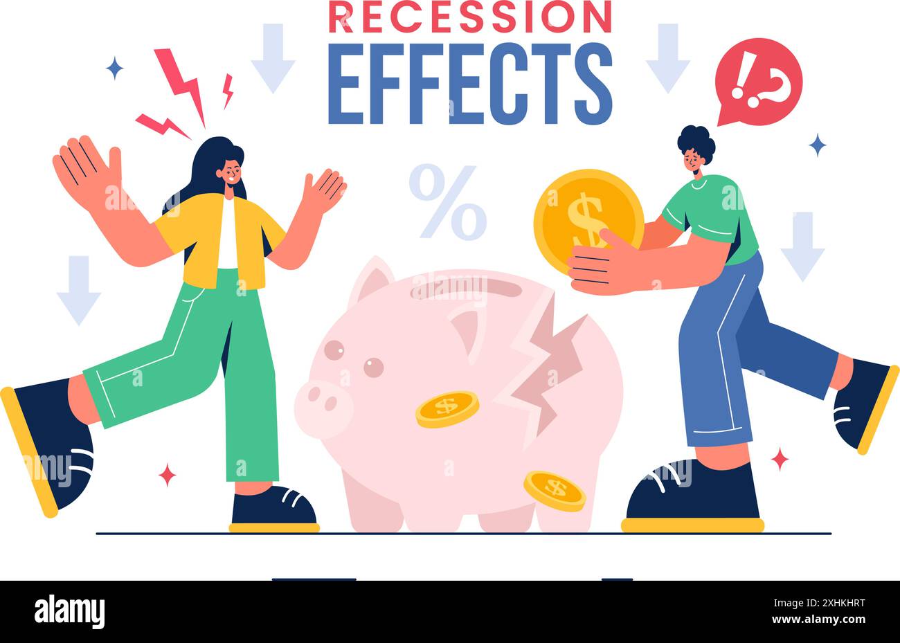 Illustrazione vettoriale degli effetti della recessione che mostrano l’impatto sulla crescita economica e il declino dell’attività economica con un contesto di cartone animato piatto Illustrazione Vettoriale