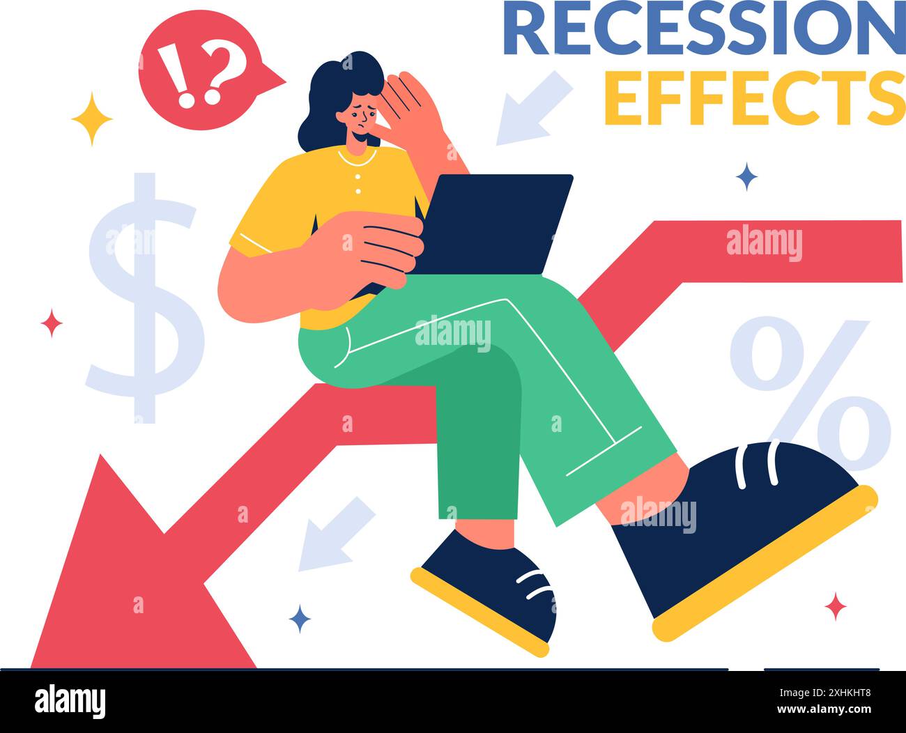 Illustrazione vettoriale degli effetti della recessione che mostrano l’impatto sulla crescita economica e il declino dell’attività economica con un contesto di cartone animato piatto Illustrazione Vettoriale