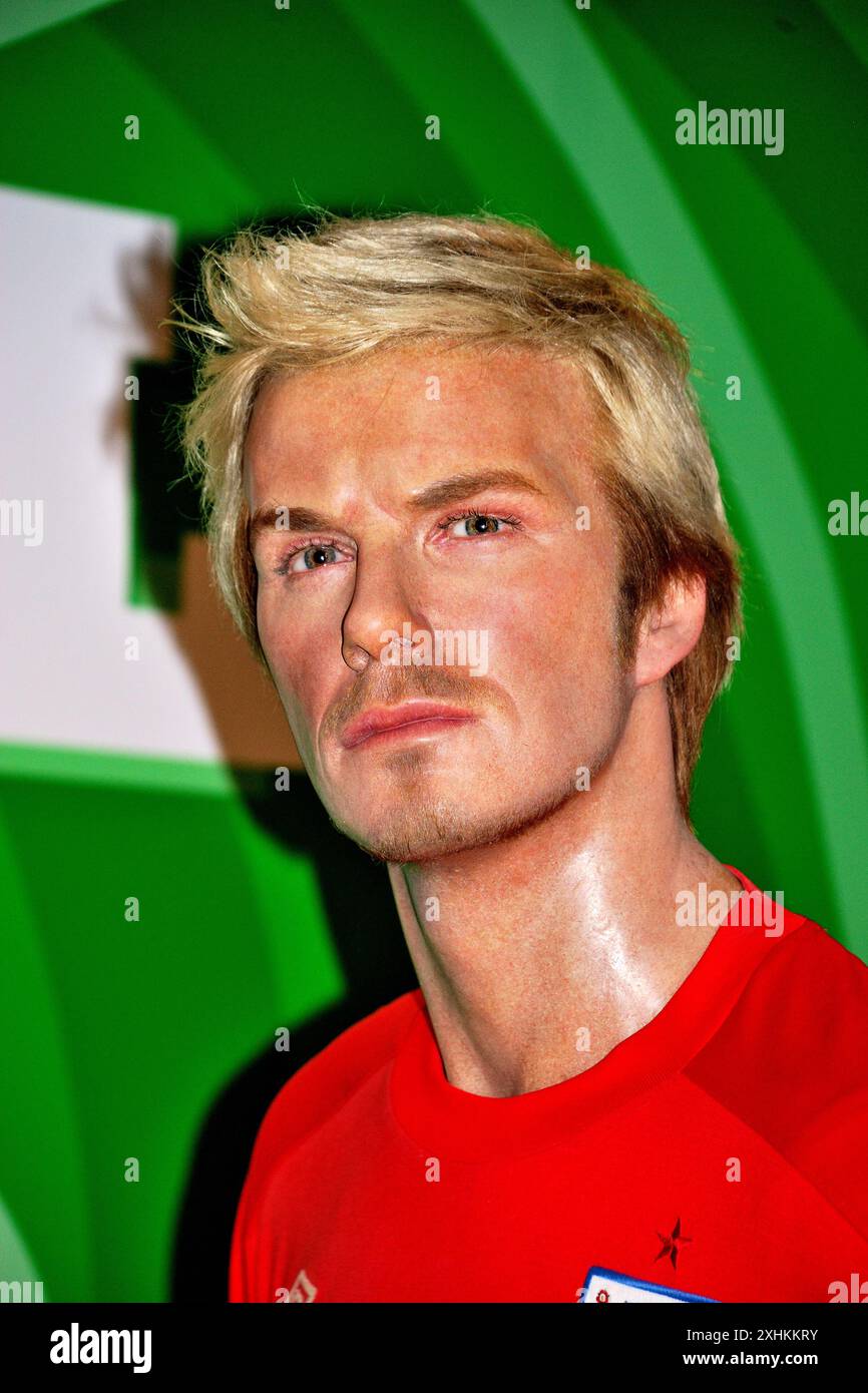 Statua delle cere di David Beckham, museo delle cere di Madame Tussauds, situato presso la Peak Tower sull'Isola di Hong Kong Foto Stock