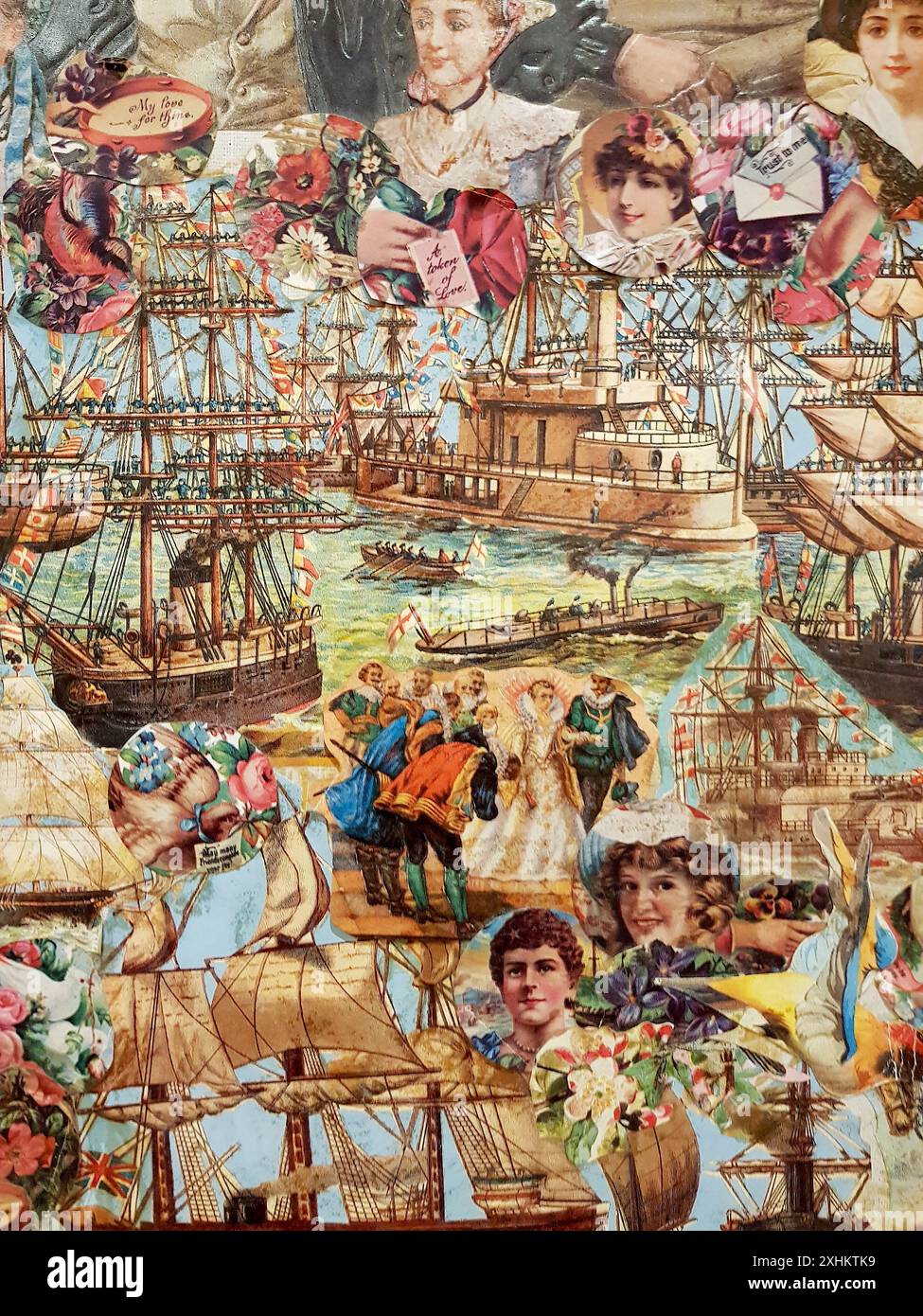 Decoupage vittoriano che mostra varie navi, galeoni e persone. Foto Stock