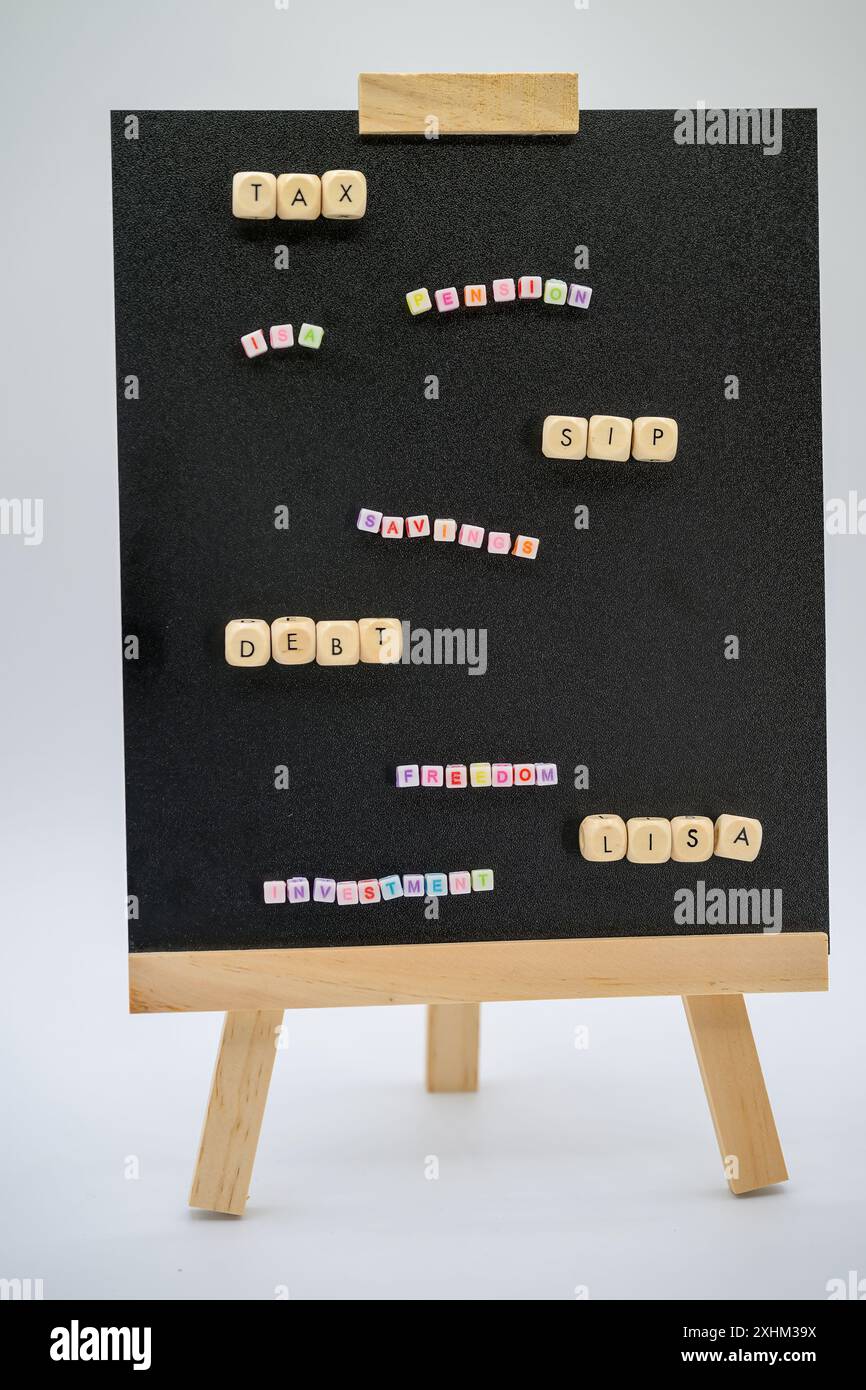 Una lavagna in miniatura su un corridoio con le parole, tax, ISA, Pension, SIP, risparmi, debito, libertà, LISA e investimenti Foto Stock