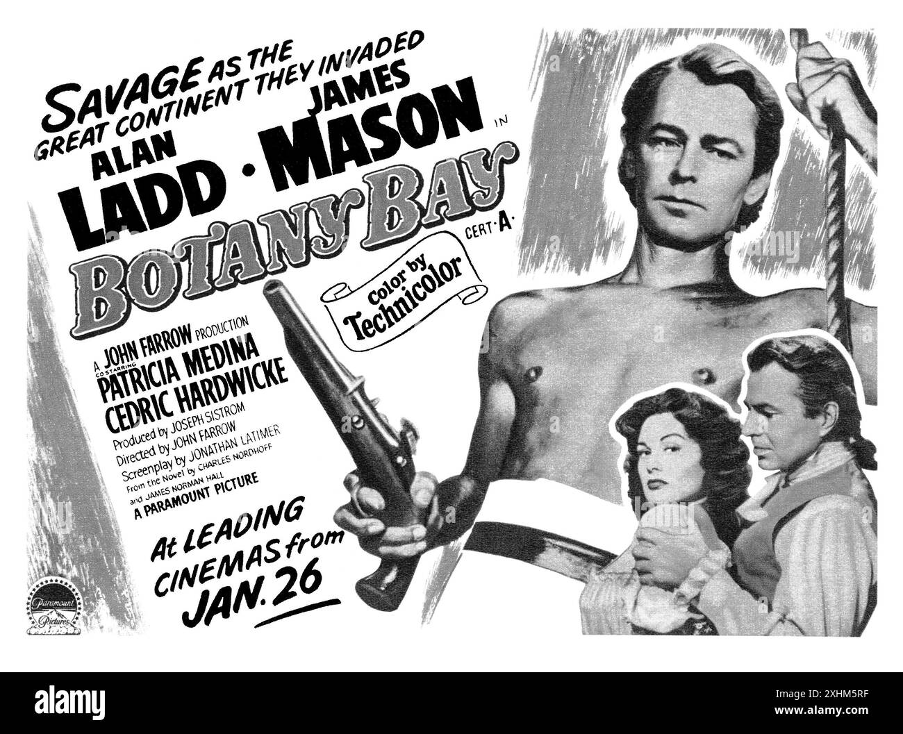 1953 pubblicità britannica per il film Botany Bay, con Alan Ladd e James Mason, prodotto e diretto da John Farrow per la Paramount Pictures. Foto Stock