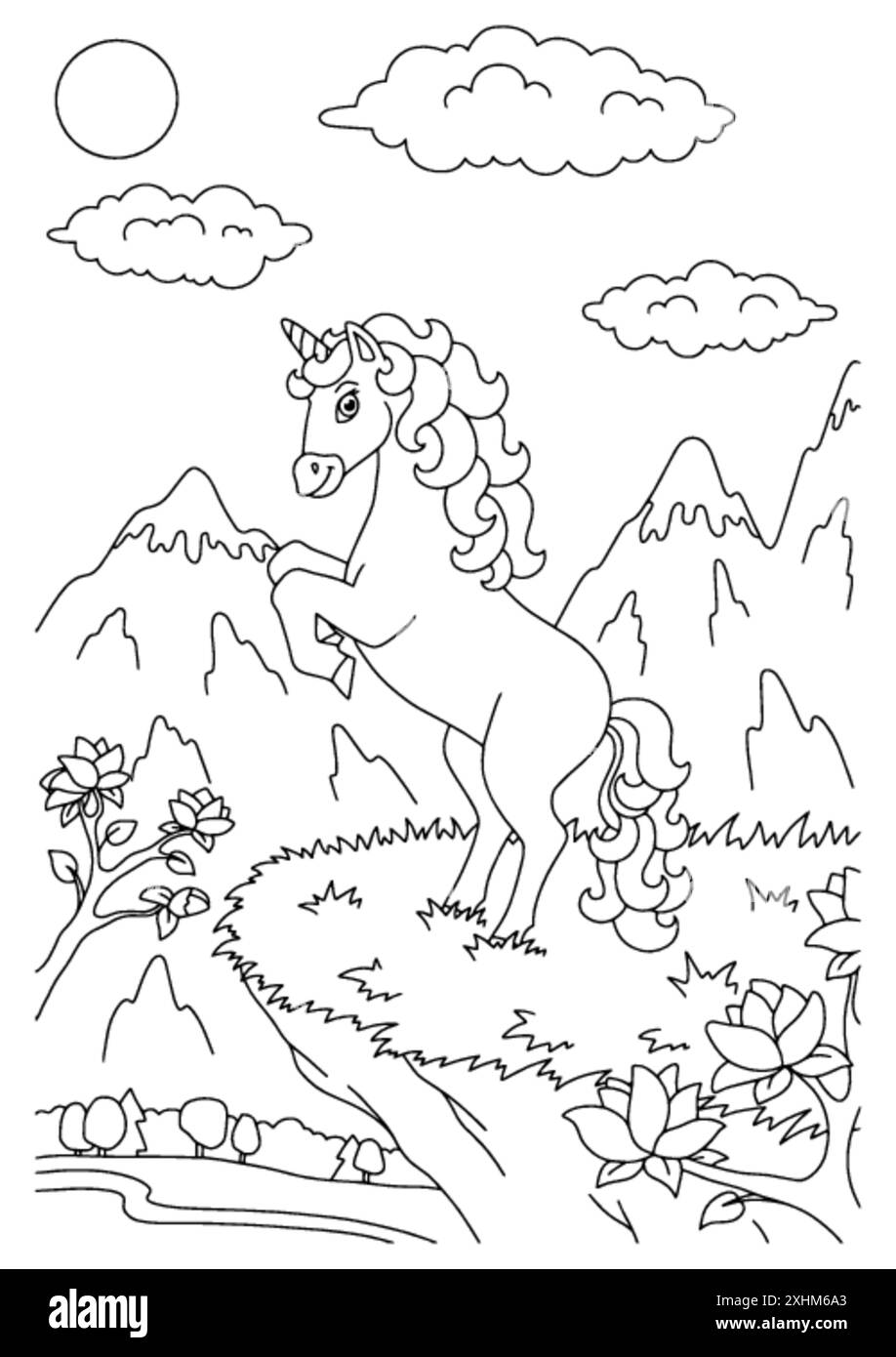 Simpatico unicorno. Magico cavallo fata. Colorare la pagina del libro per i bambini. Stile cartoon. Illustrazione vettoriale isolata su sfondo bianco. Illustrazione Vettoriale