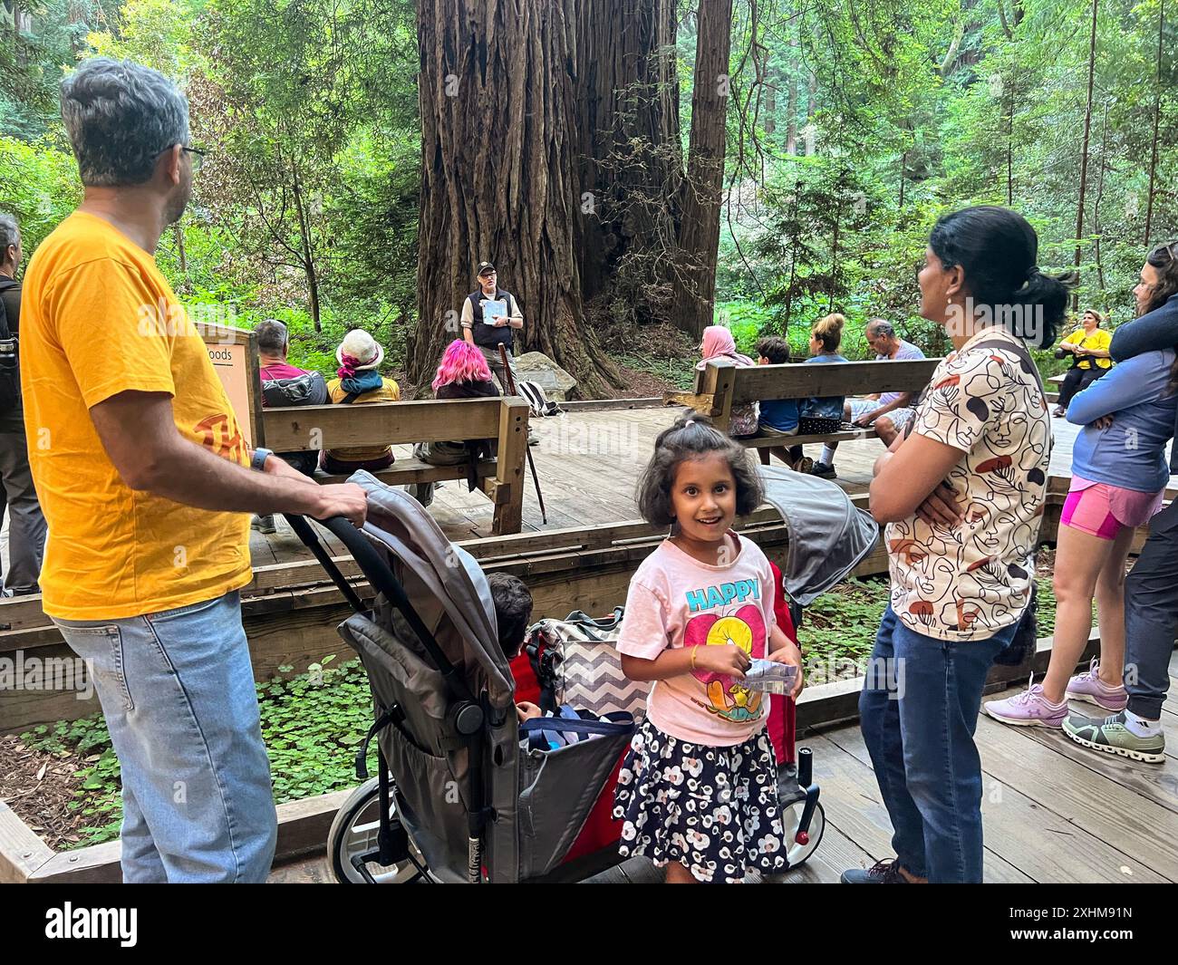 Il Muir Woods National Monument fa parte della Golden Gate National Recreation area della California, a nord di San Francisco. È noto per i suoi torreggianti alberi di sequoia di vecchia crescita. I sentieri si snodano tra gli alberi fino a Cathedral Grove e Bohemian Grove e lungo Redwood Creek. I sentieri Ben Johnson e Dipsea si arrampicano su una collina per ammirare le cime degli alberi, l'Oceano Pacifico e il Monte Tamalpais nell'adiacente Mount Tamalpais State Park. Cammina tra le antiche sequoie costiere, rinfrescando le radici nell'acqua dolce di Redwood Creek e sollevando le corone per raggiungere il sole e la nebbia. Protetto a livello federale come National Mon Foto Stock