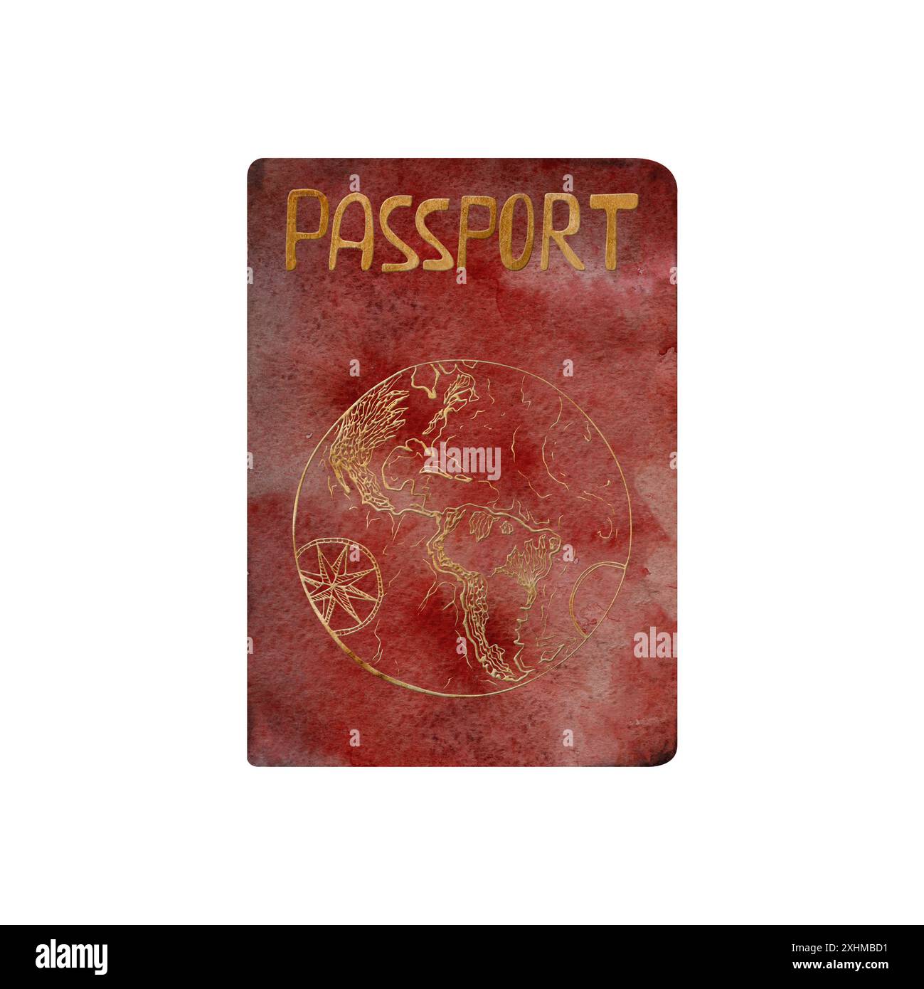 Documento di identità internazionale con passaporto con lettere d'oro e globo. Immagine ad acquerello disegnata a mano di un oggetto isolato. Progettare per Foto Stock