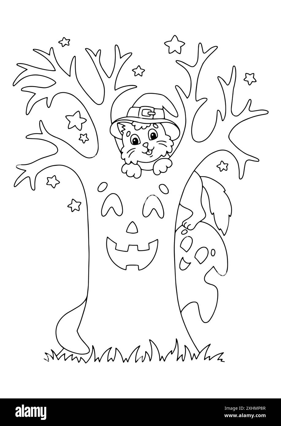 Il gatto nel cappello ha scalato un albero. Pagina di libri da colorare per bambini. Tema di Halloween. Personaggio in stile cartoni animati. Illustrazione vettoriale isolata su sfondo bianco Illustrazione Vettoriale