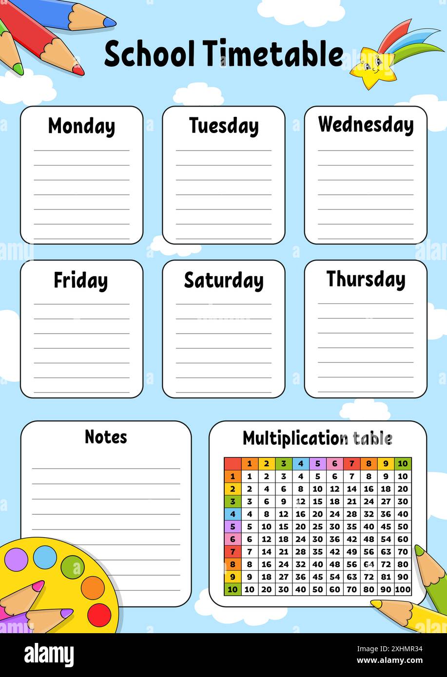 Orario scolastico con tabella di moltiplicazione. Per l'educazione dei bambini. Illustrazione Vettoriale