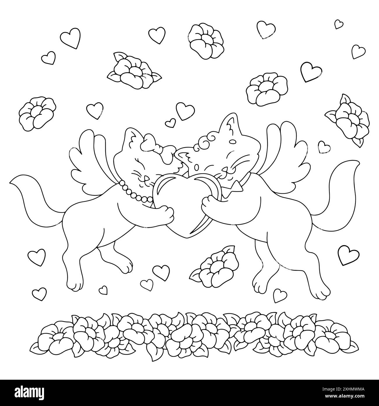 Un paio di gatti innamorati. Pagina di libri da colorare per bambini. Personaggio in stile cartoni animati. Illustrazione vettoriale isolata su sfondo bianco. San Valentino. Illustrazione Vettoriale