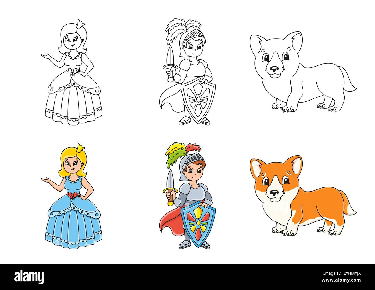 Imposta la pagina da colorare per i bambini. Tema da favola. Carini personaggi dei cartoni animati. Tratto nero. Con campione. Illustrazione vettoriale. Illustrazione Vettoriale